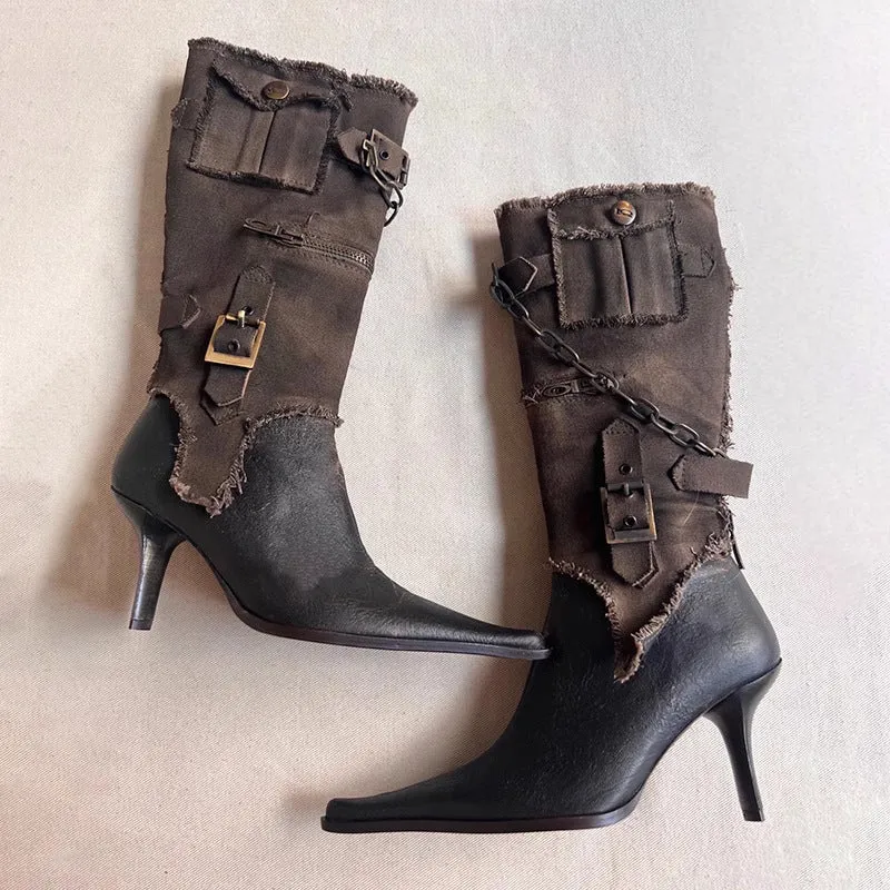 Retro Pointed Belt Buckle Western Boots