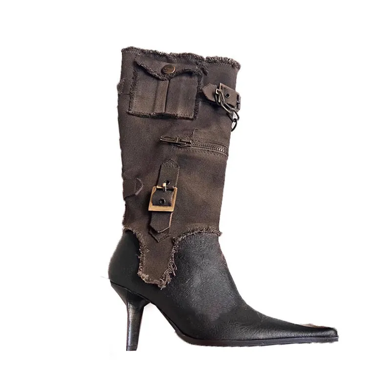 Retro Pointed Belt Buckle Western Boots