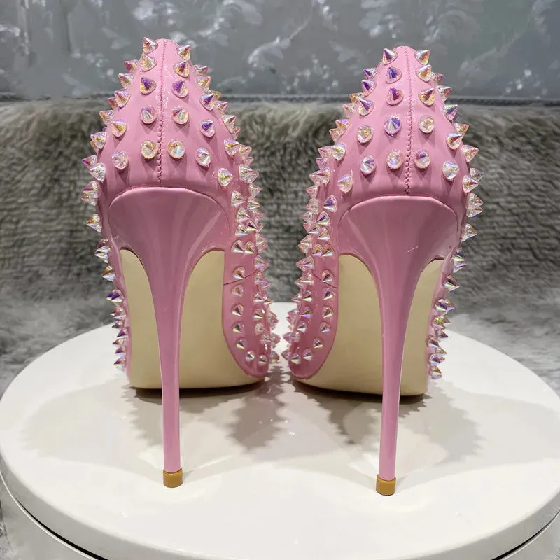 Rivet heels Pink women's pointed high heels