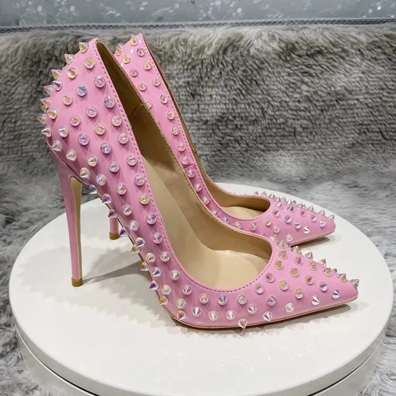 Rivet heels Pink women's pointed high heels
