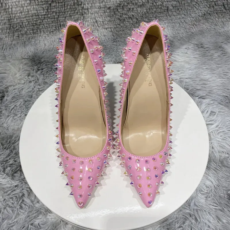 Rivet heels Pink women's pointed high heels