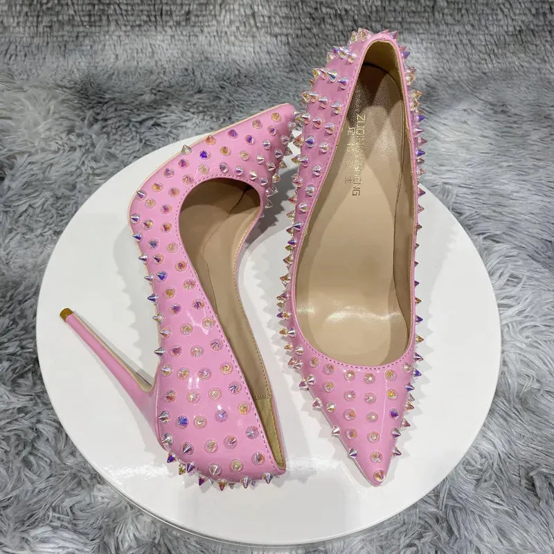 Rivet heels Pink women's pointed high heels