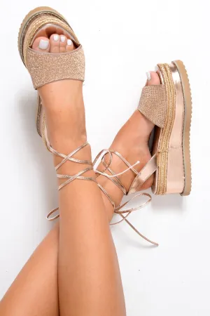 Rose Gold Diamante Lace Up Flatform Sandals - Abryella
