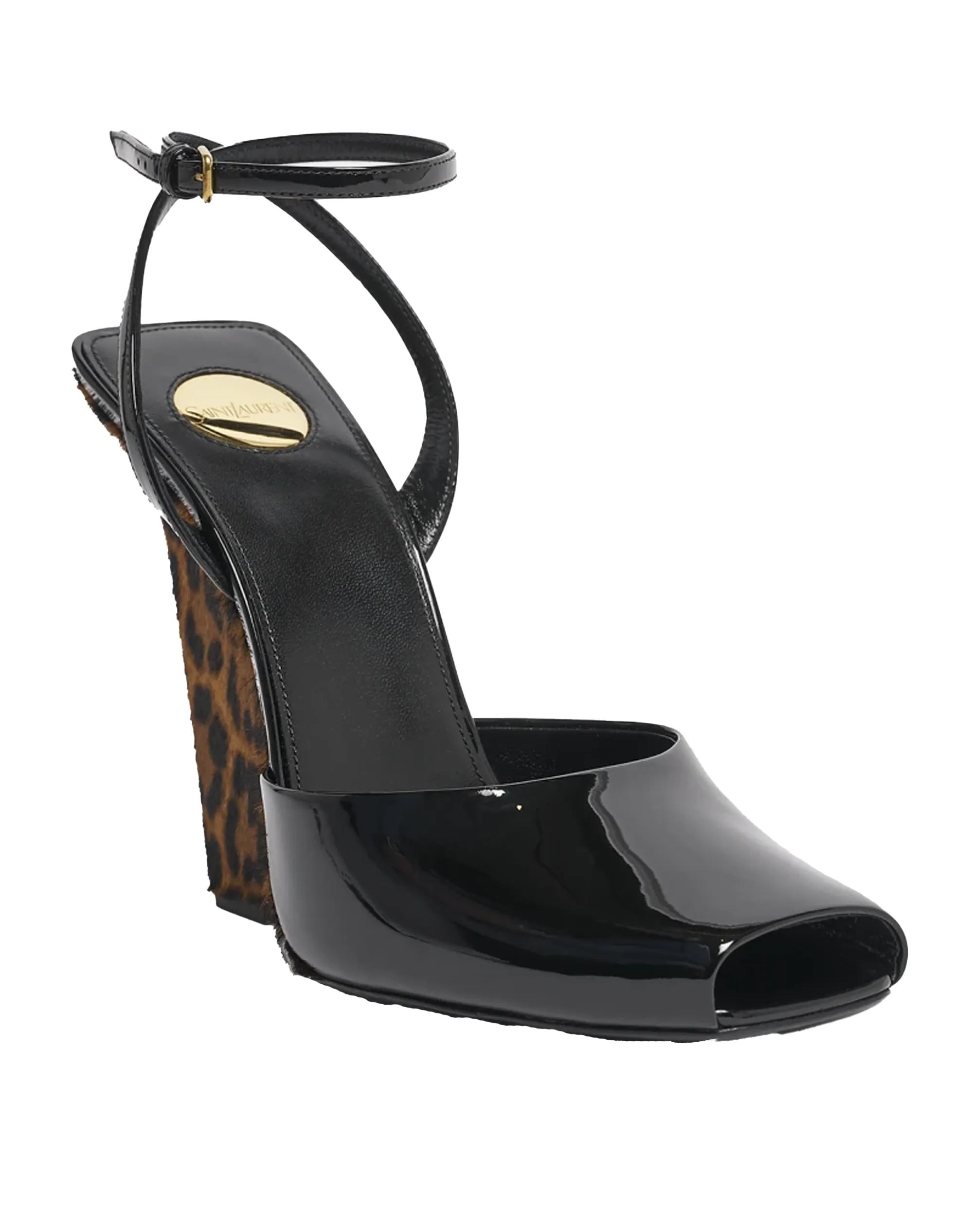 Saint Laurent Le Scandale Patent Leopard Wedge Sandals