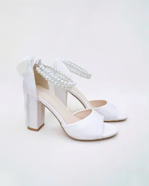 Satin Block Heel Wedding Sandals with Double Pearl Strap