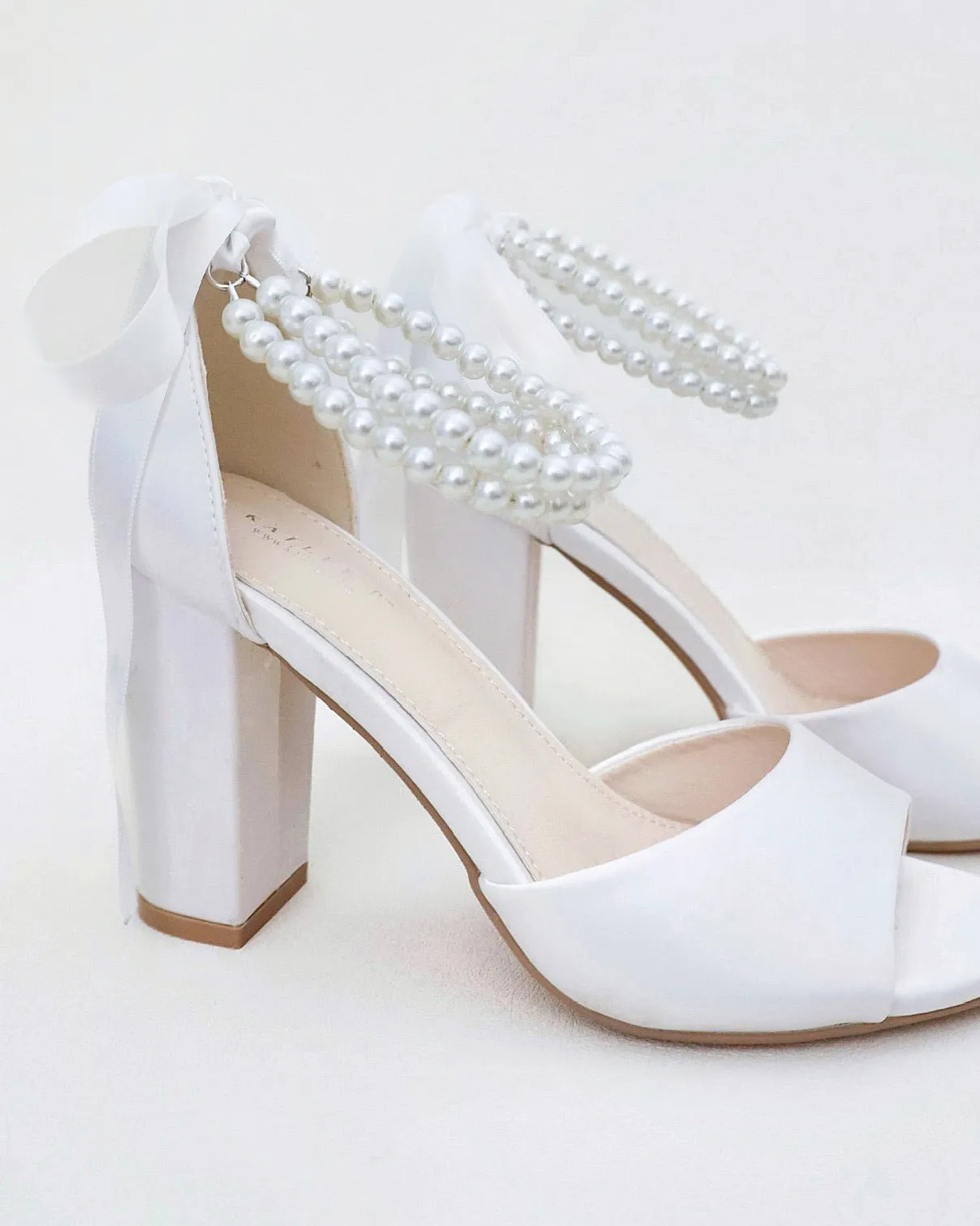 Satin Block Heel Wedding Sandals with Double Pearl Strap