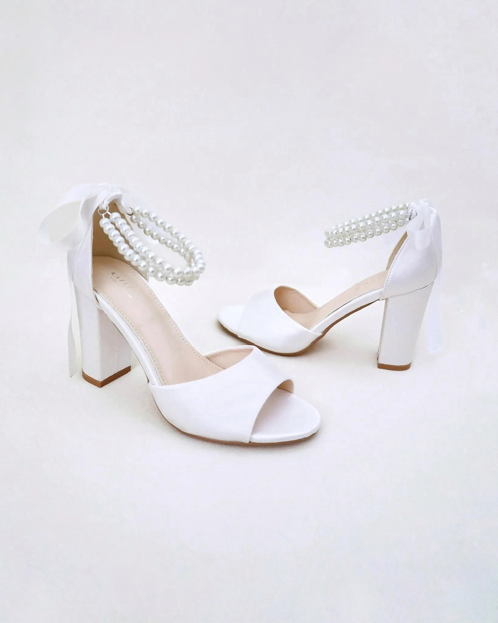 Satin Block Heel Wedding Sandals with Double Pearl Strap