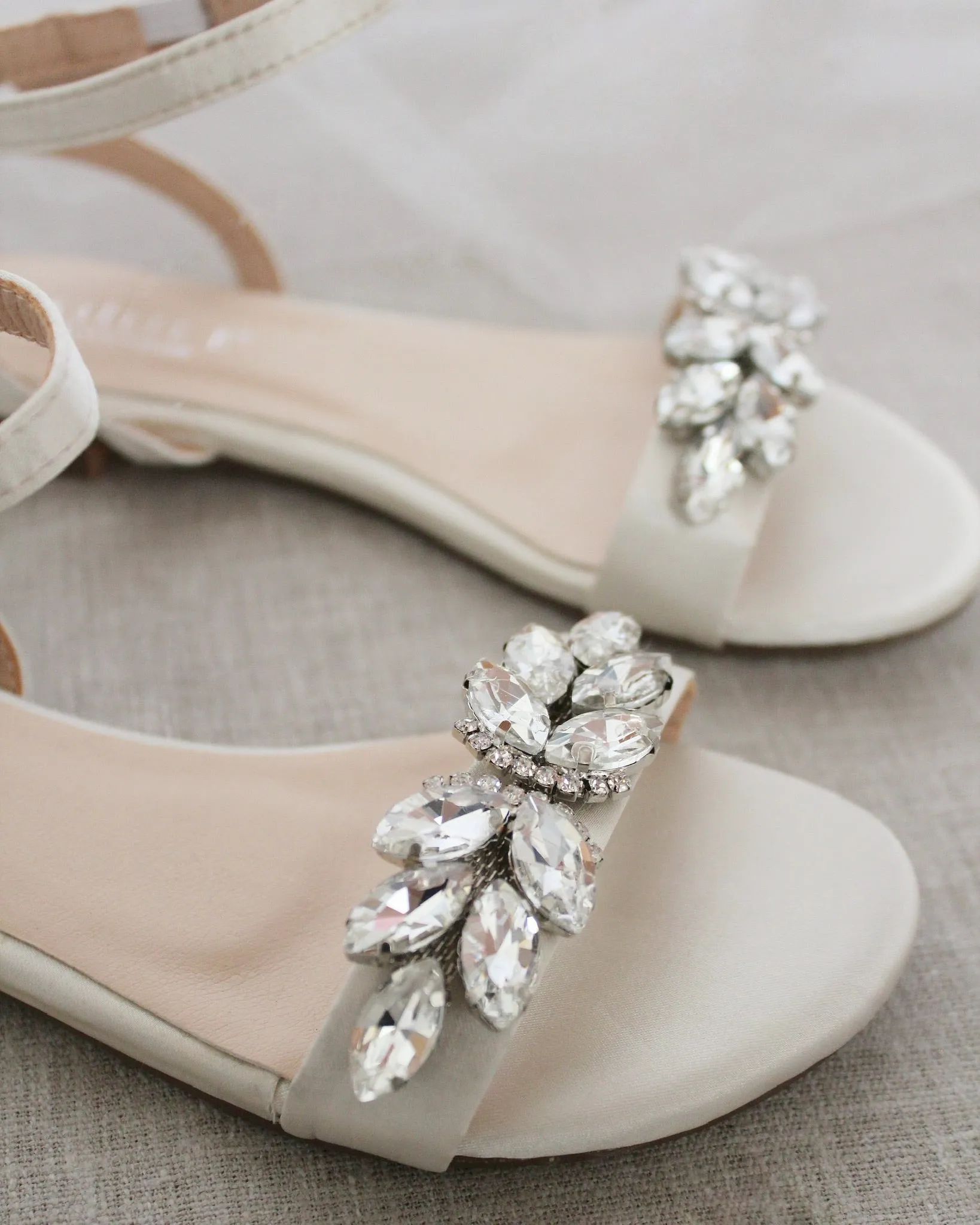 Satin Flat Sandal with Butterfly Brooch and Ankle Strap