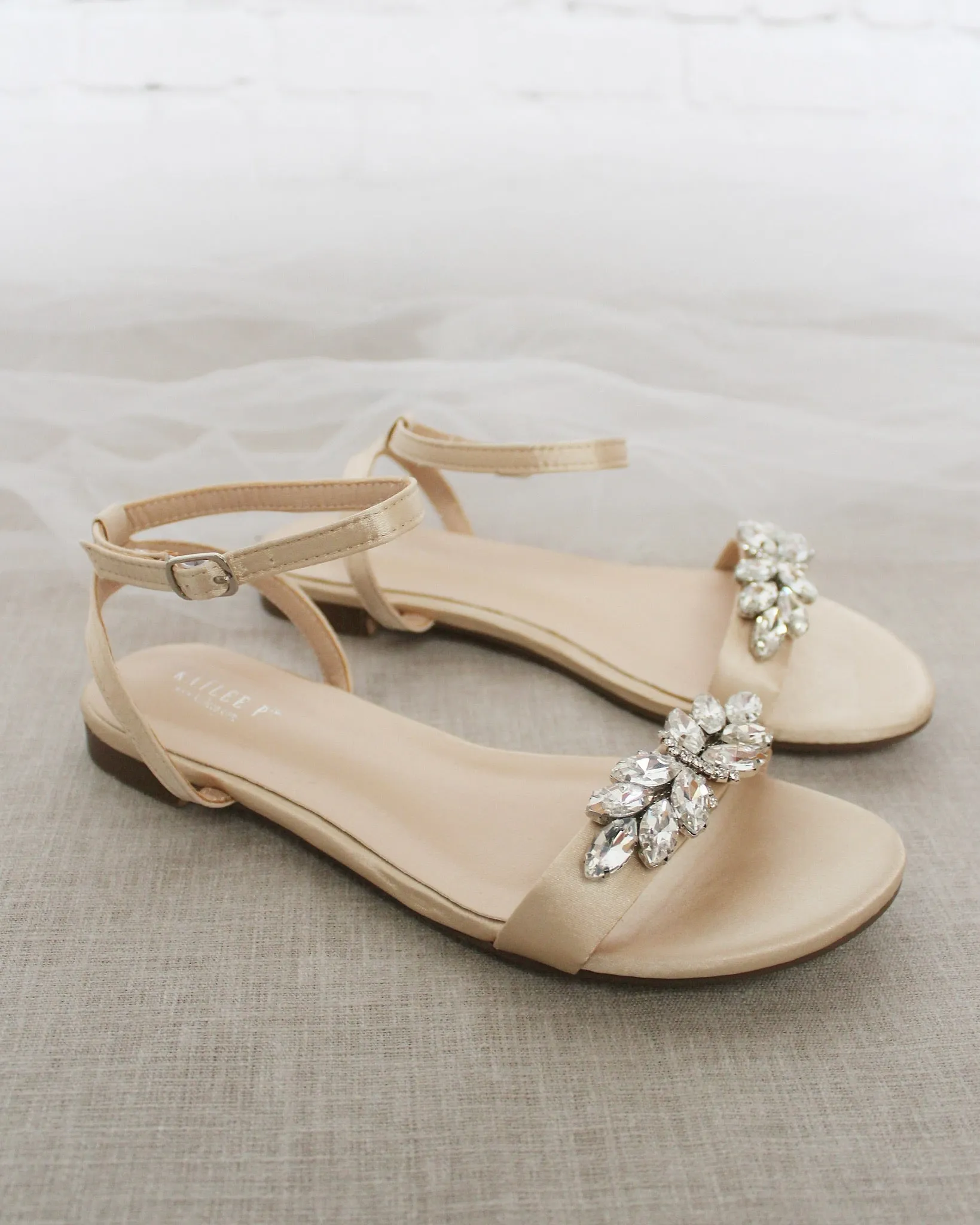 Satin Flat Sandal with Butterfly Brooch and Ankle Strap