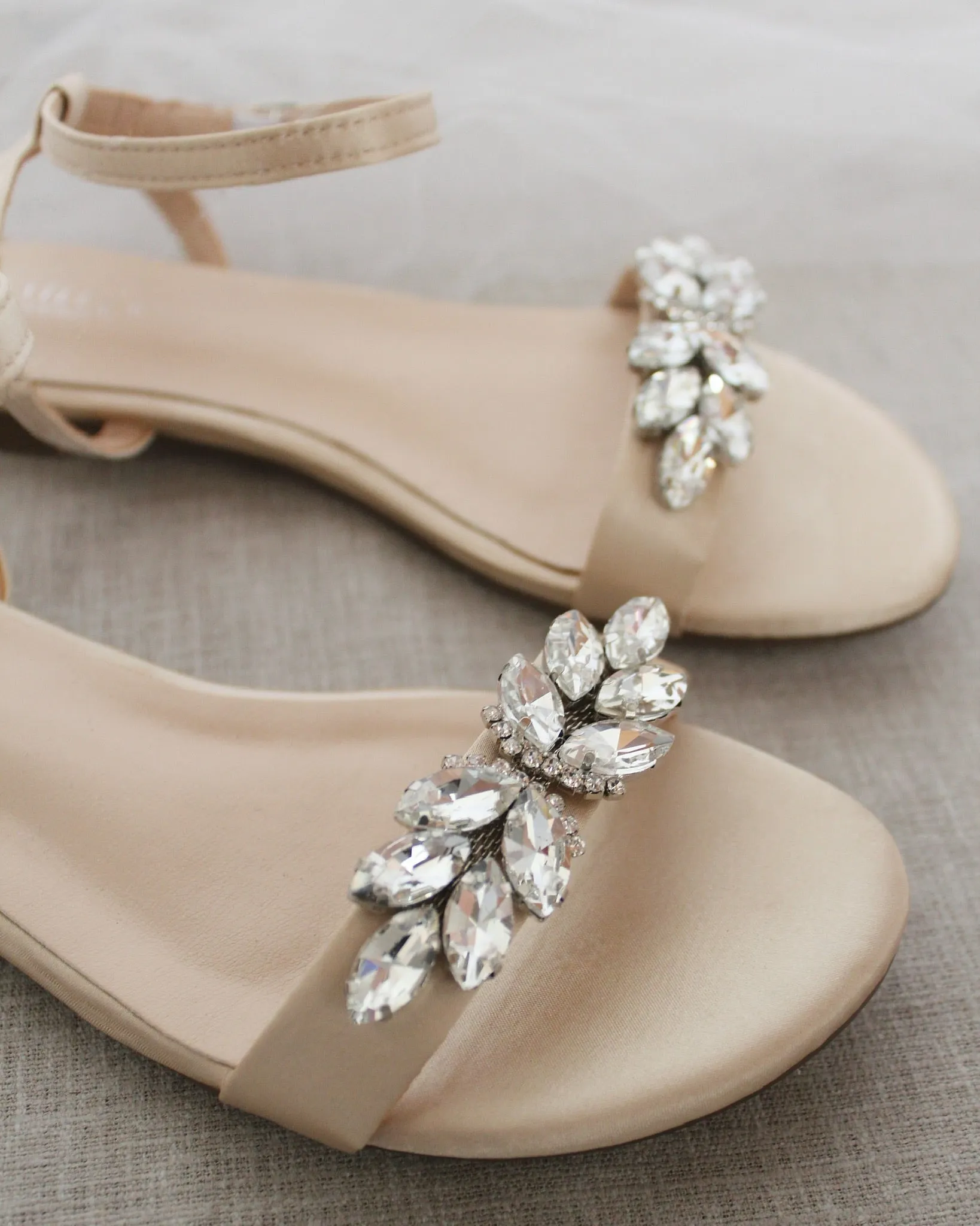Satin Flat Sandal with Butterfly Brooch and Ankle Strap