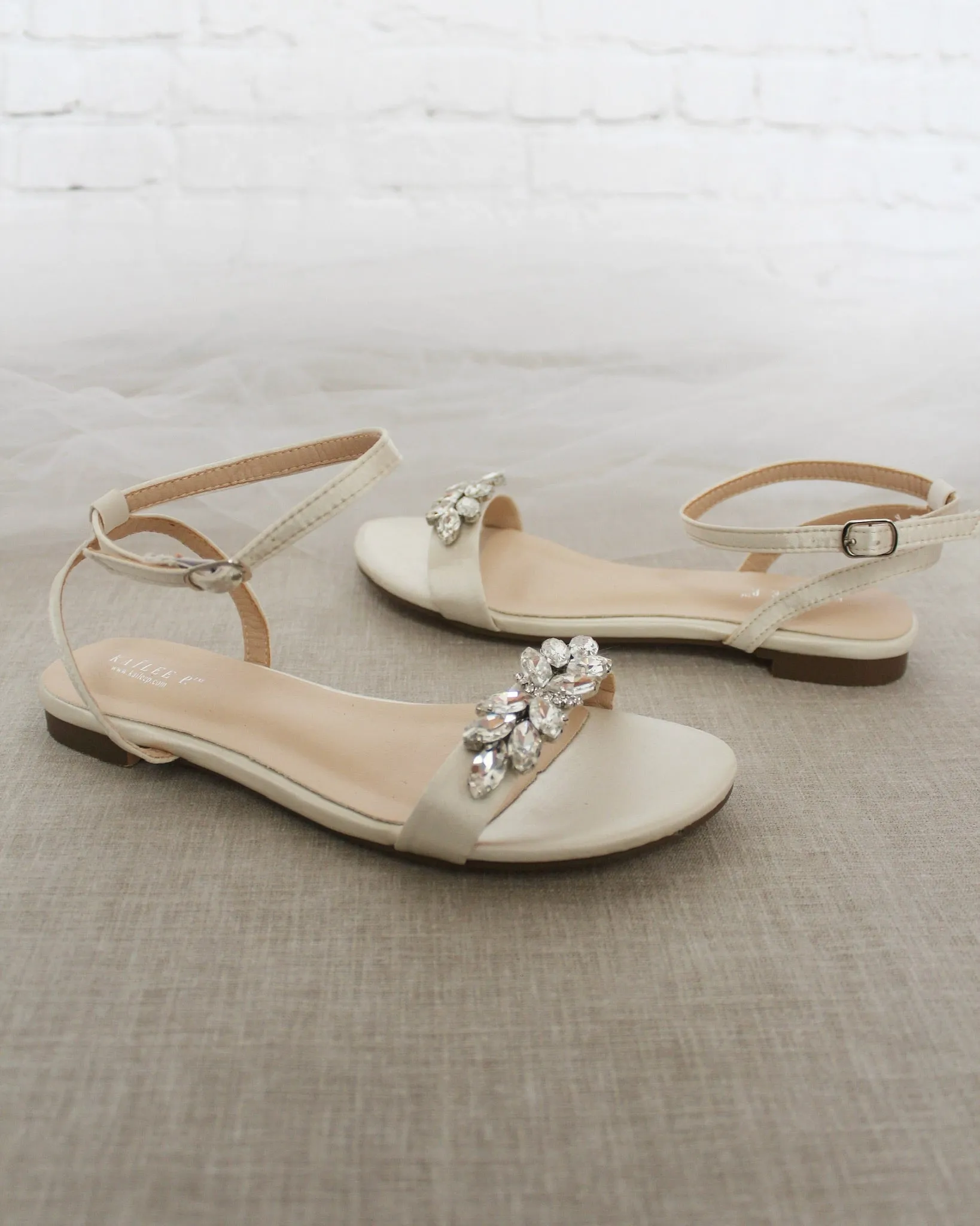 Satin Flat Sandal with Butterfly Brooch and Ankle Strap