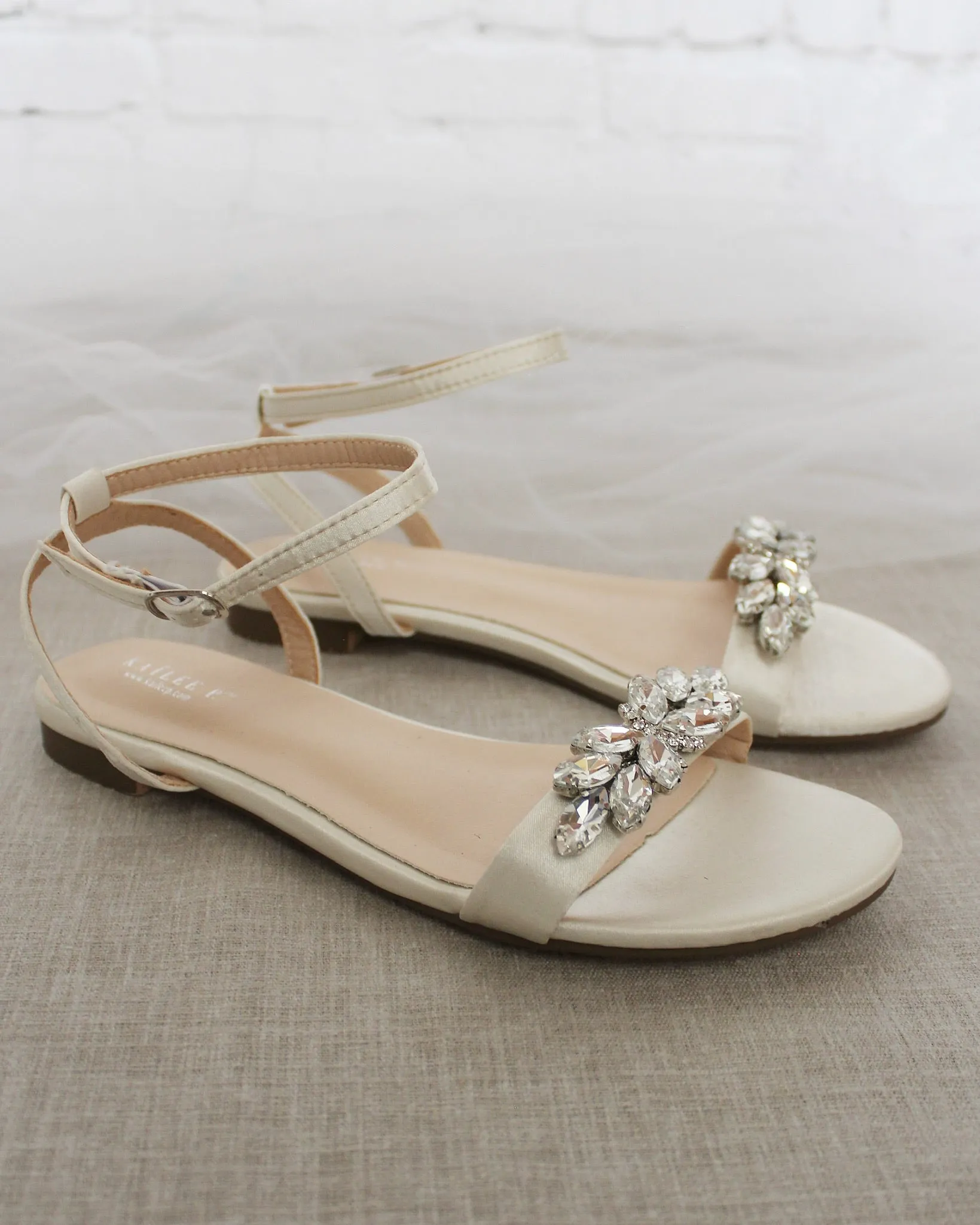 Satin Flat Sandal with Butterfly Brooch and Ankle Strap
