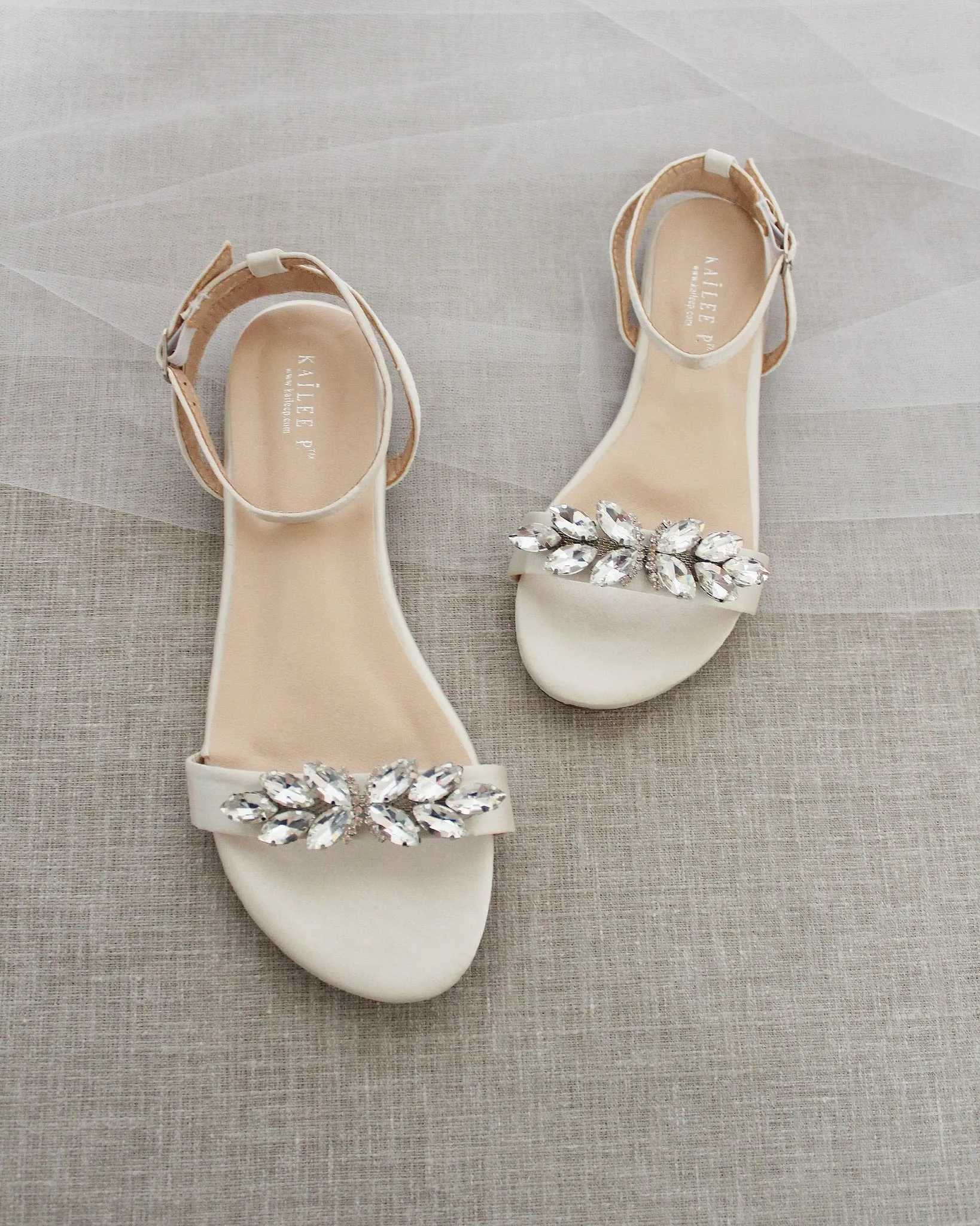Satin Flat Sandal with Butterfly Brooch and Ankle Strap