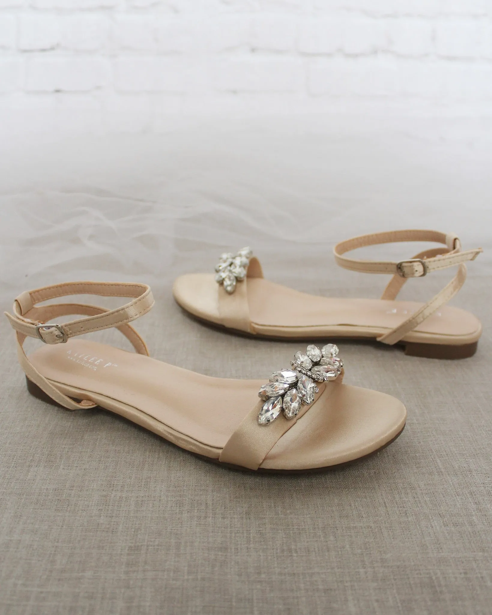 Satin Flat Sandal with Butterfly Brooch and Ankle Strap