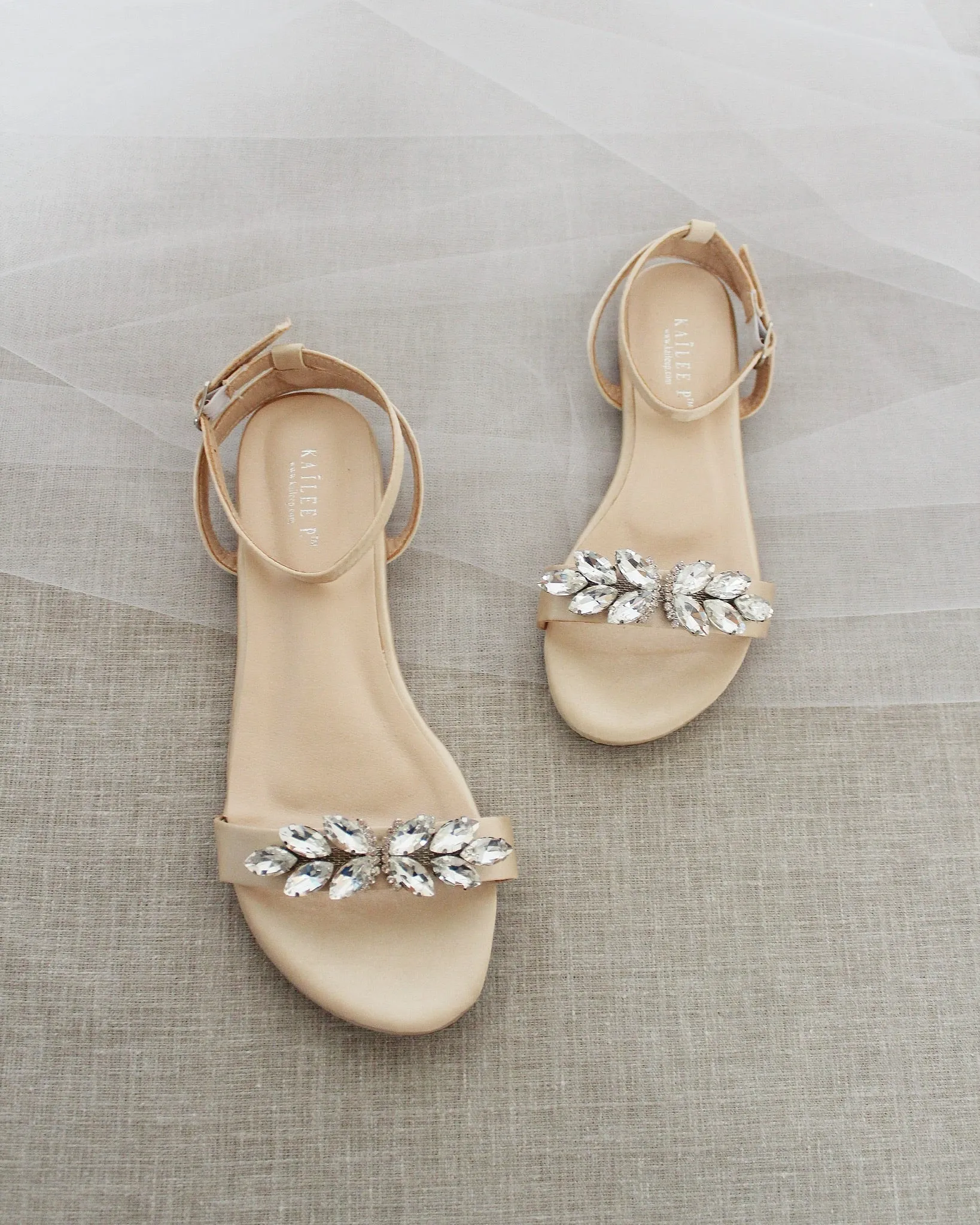 Satin Flat Sandal with Butterfly Brooch and Ankle Strap
