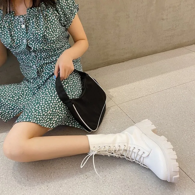 Sping White Boots Autumn Black Leather Platform Gothic Boots Punk Combat Boots