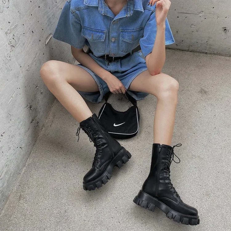 Sping White Boots Autumn Black Leather Platform Gothic Boots Punk Combat Boots