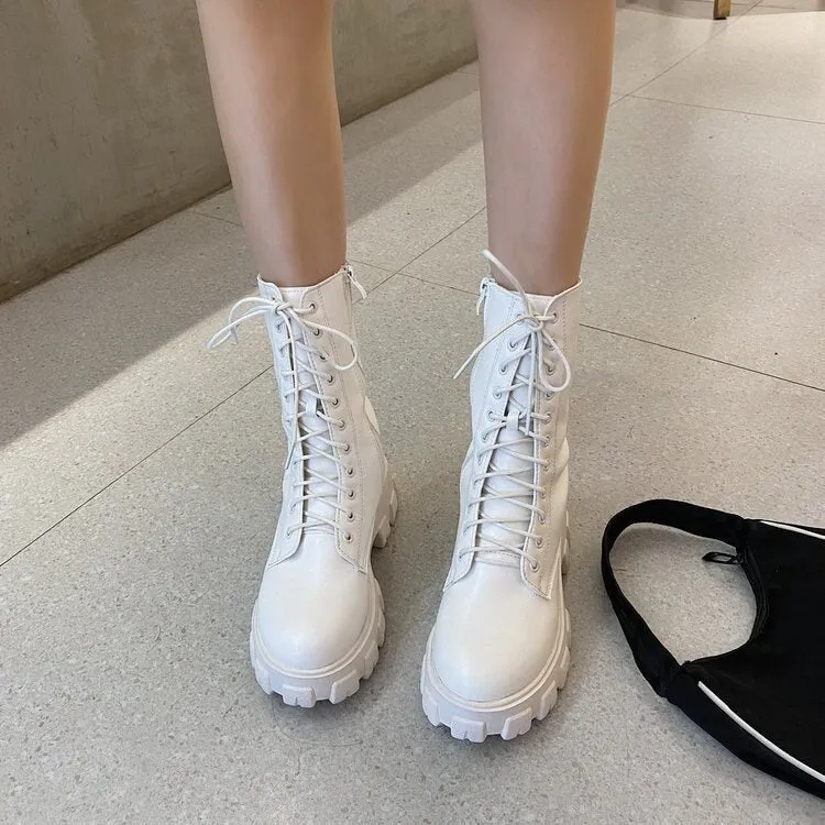 Sping White Boots Autumn Black Leather Platform Gothic Boots Punk Combat Boots