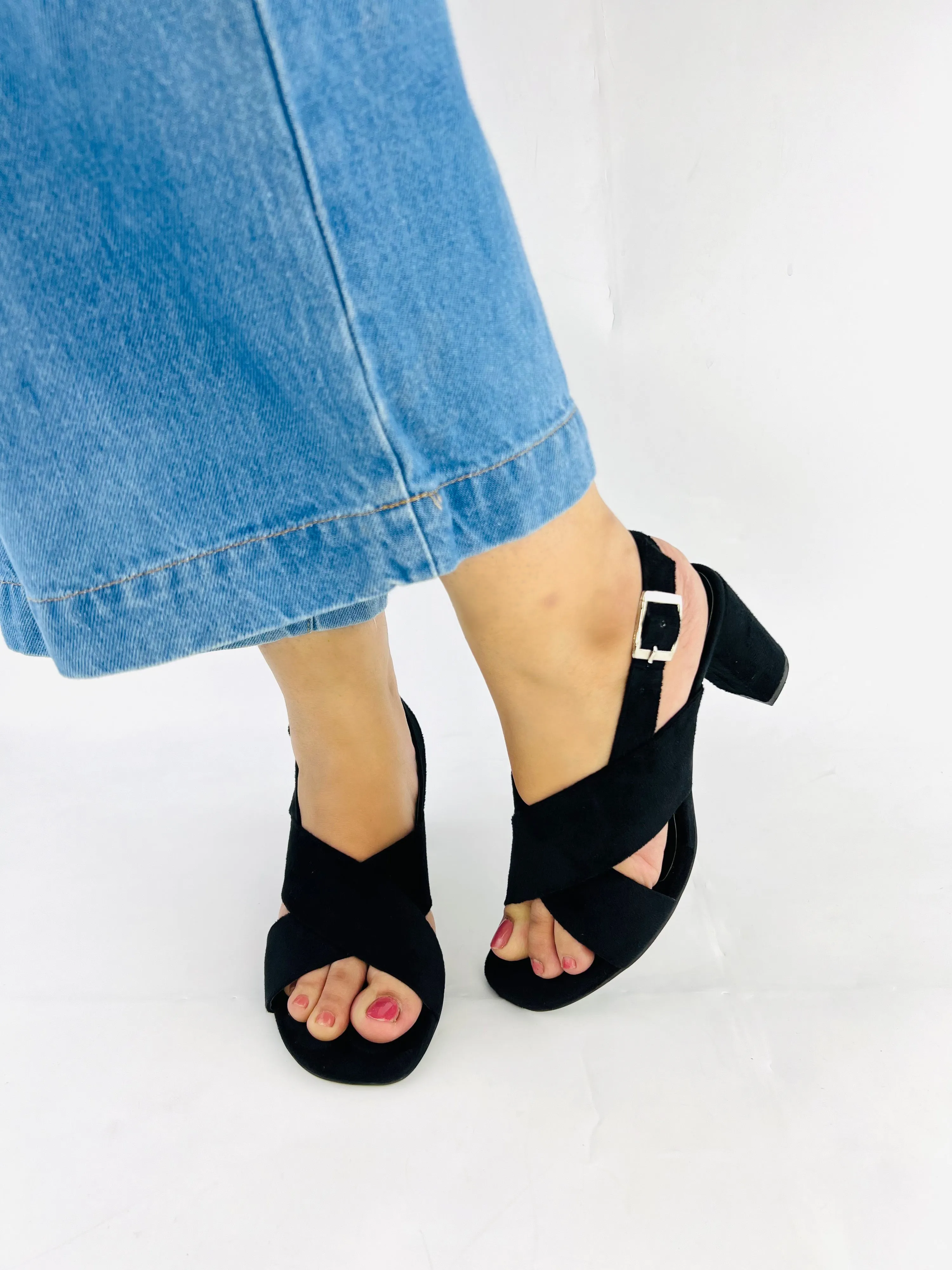 Spunkz Black Comfort Cross Over Block Heeled Sandals-11024
