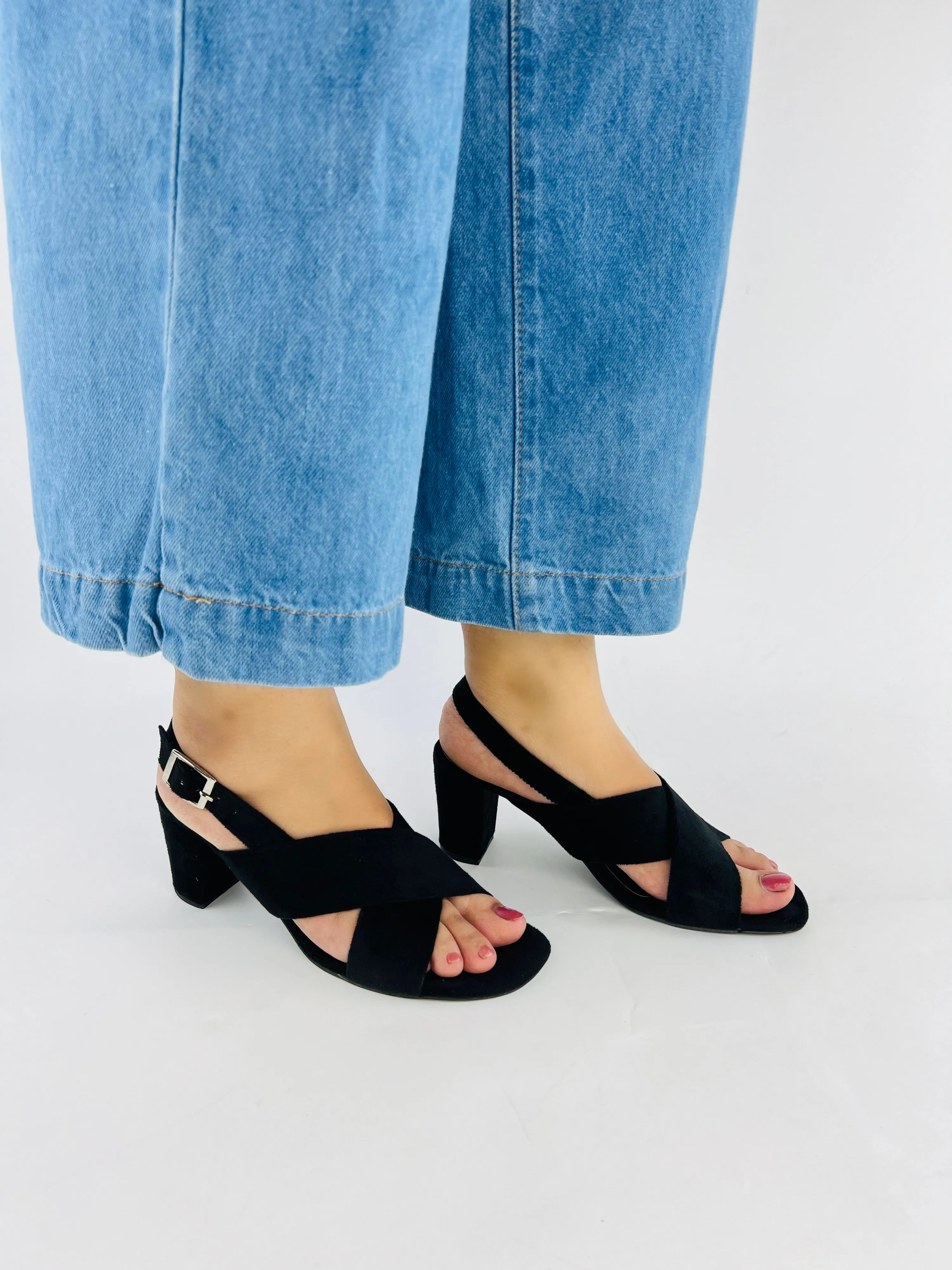 Spunkz Black Comfort Cross Over Block Heeled Sandals-11024