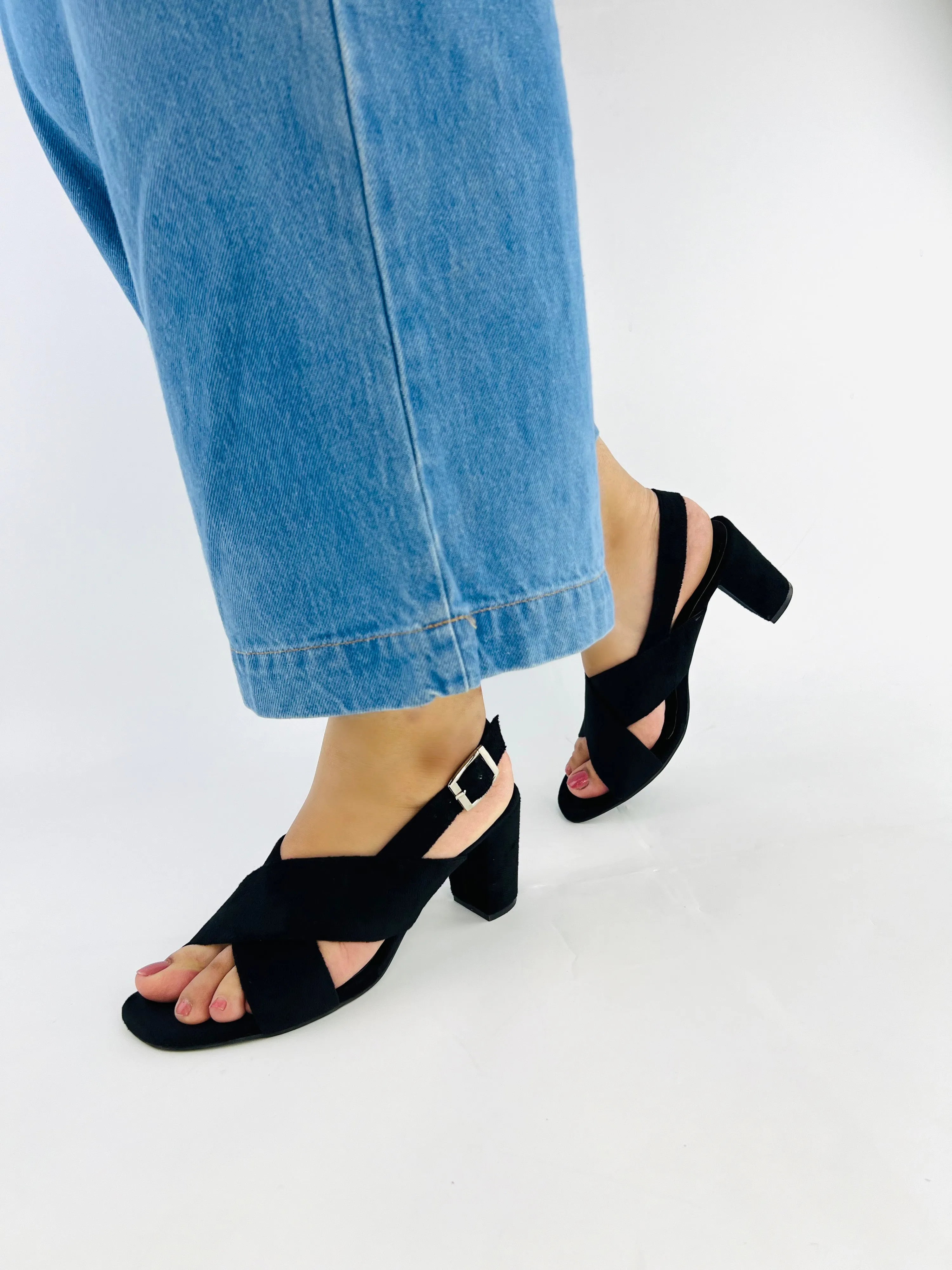 Spunkz Black Comfort Cross Over Block Heeled Sandals-11024