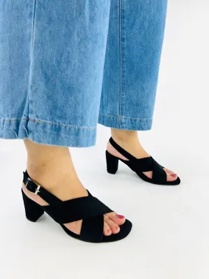 Spunkz Black Comfort Cross Over Block Heeled Sandals-11024