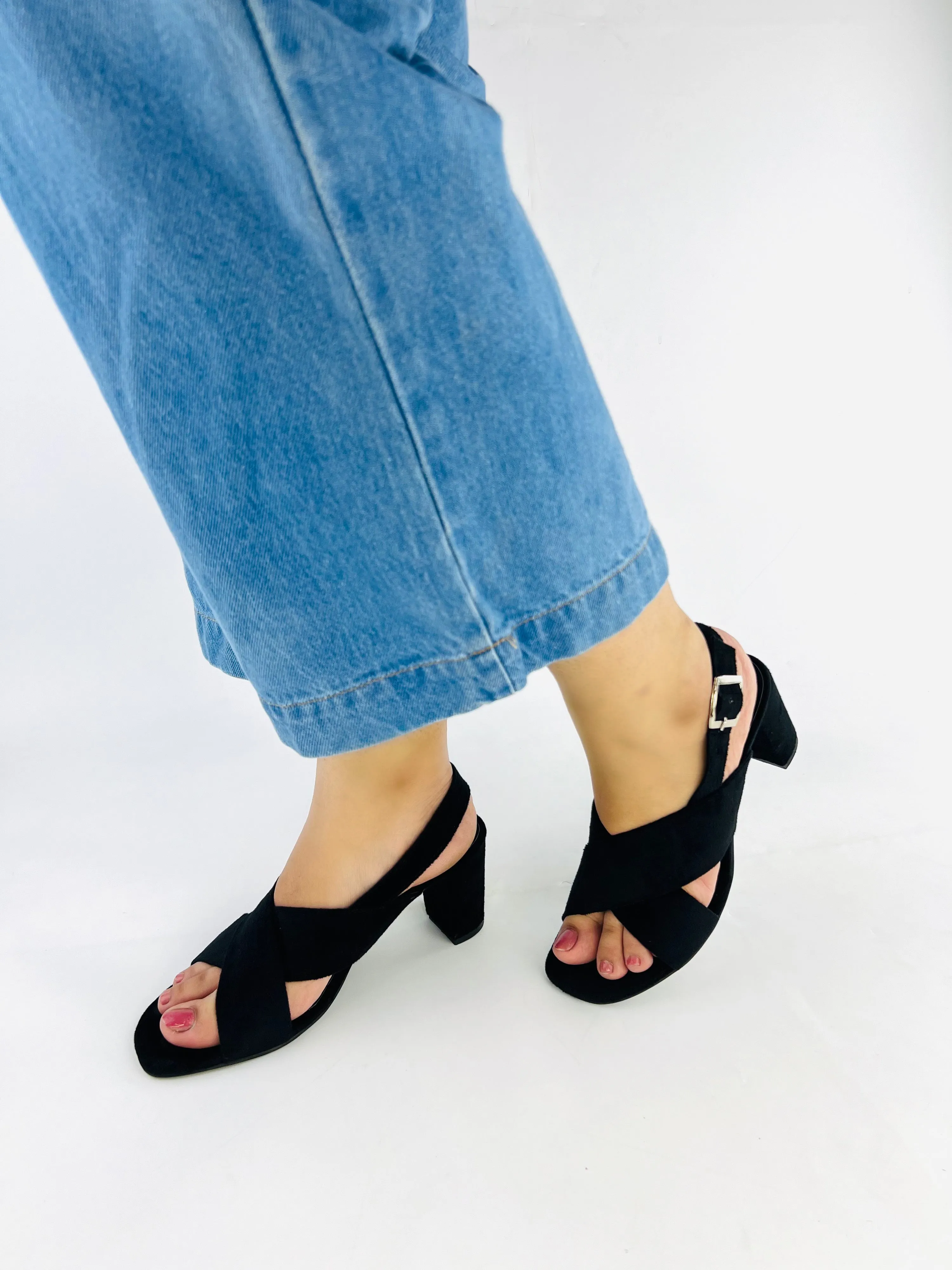 Spunkz Black Comfort Cross Over Block Heeled Sandals-11024