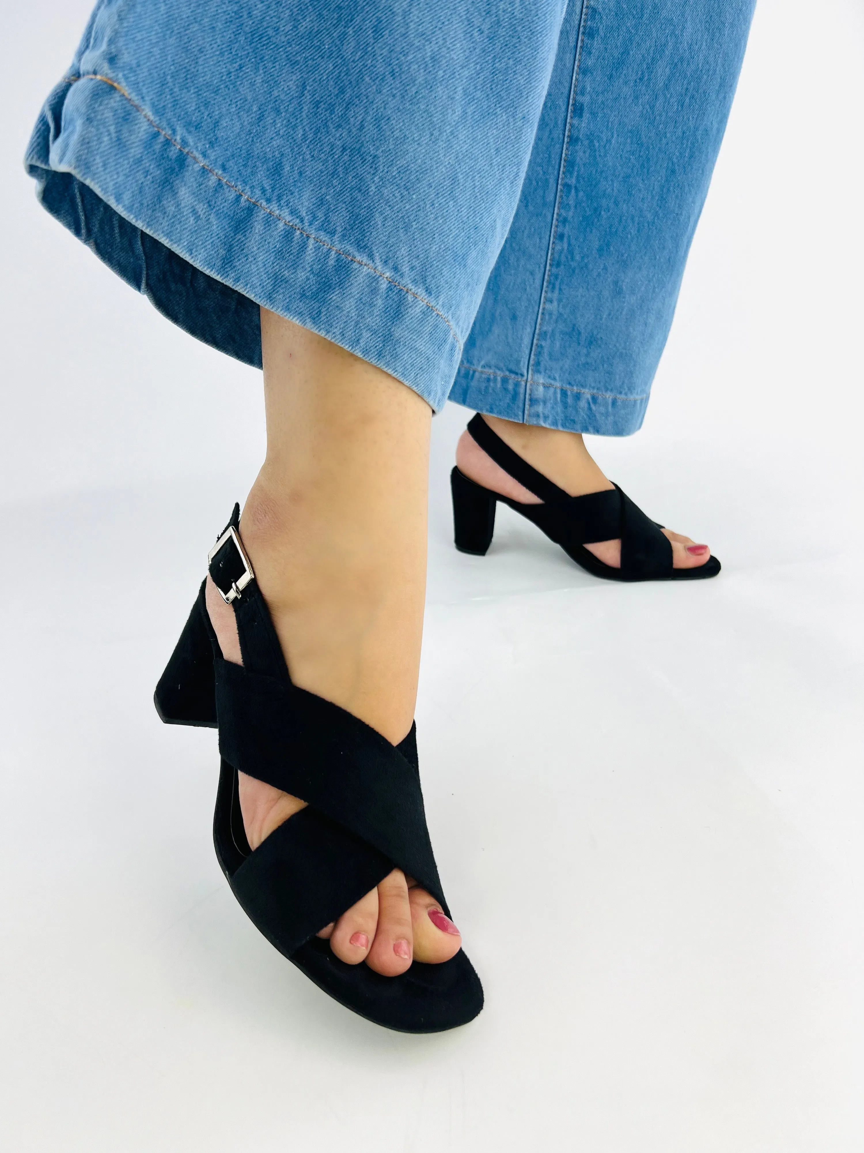 Spunkz Black Comfort Cross Over Block Heeled Sandals-11024