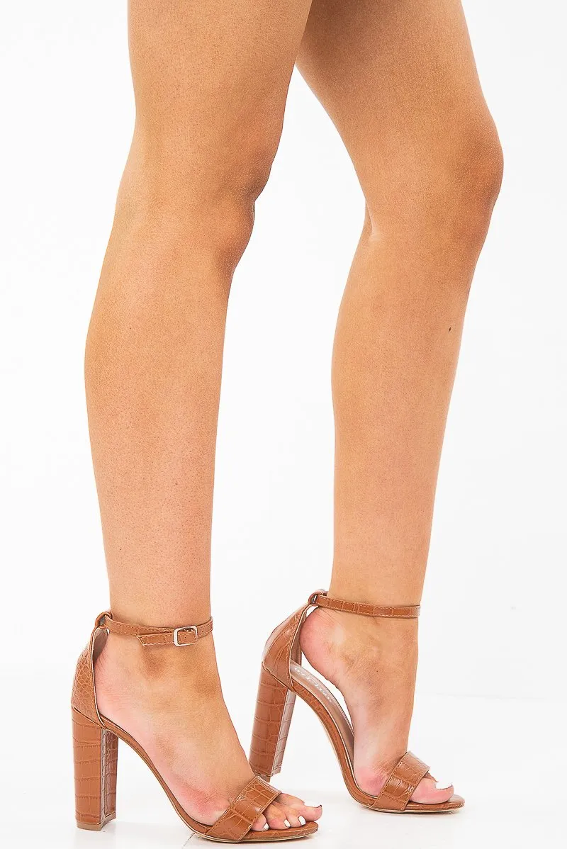 Tan Faux Croc Strappy Block Heels - Dovie