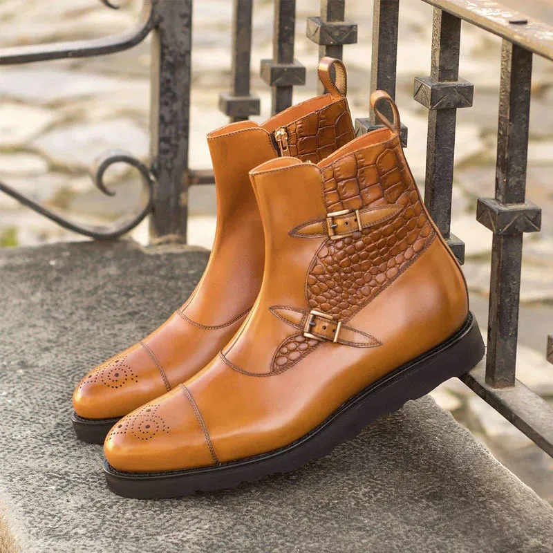 Tan Leather And Tan Crocodile Print Italian Leather Campinas Slip On Zipper Boots - Alligator Print - Boots