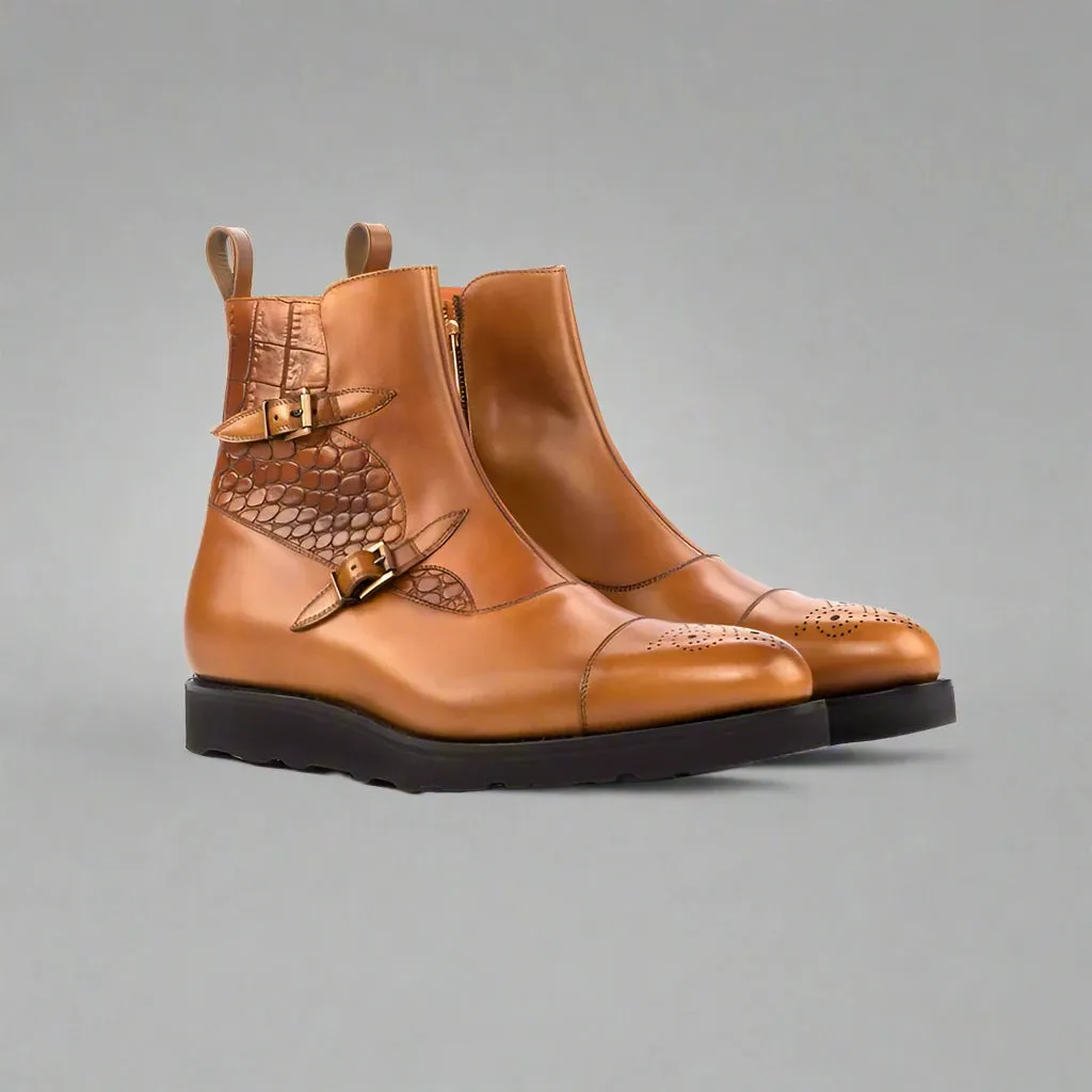 Tan Leather And Tan Crocodile Print Italian Leather Campinas Slip On Zipper Boots - Alligator Print - Boots