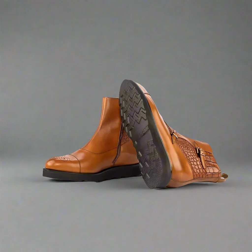 Tan Leather And Tan Crocodile Print Italian Leather Campinas Slip On Zipper Boots - Alligator Print - Boots