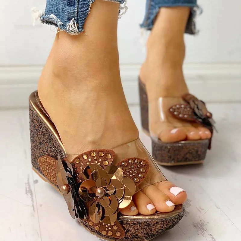Transparent Bead Studded Platform Wedge Sandals