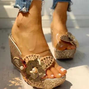 Transparent Bead Studded Platform Wedge Sandals