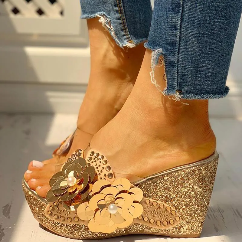 Transparent Bead Studded Platform Wedge Sandals