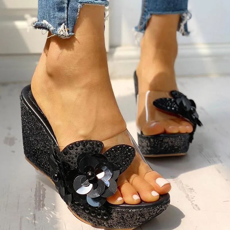 Transparent Bead Studded Platform Wedge Sandals