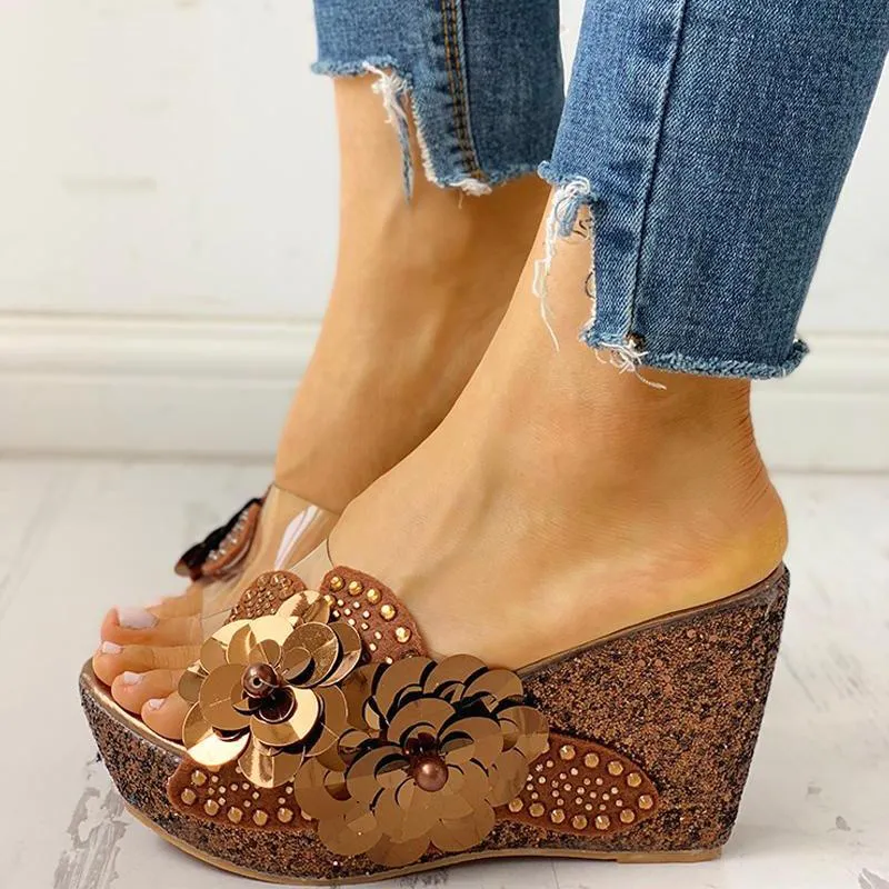 Transparent Bead Studded Platform Wedge Sandals
