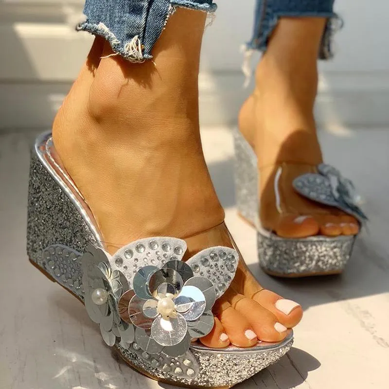 Transparent Bead Studded Platform Wedge Sandals