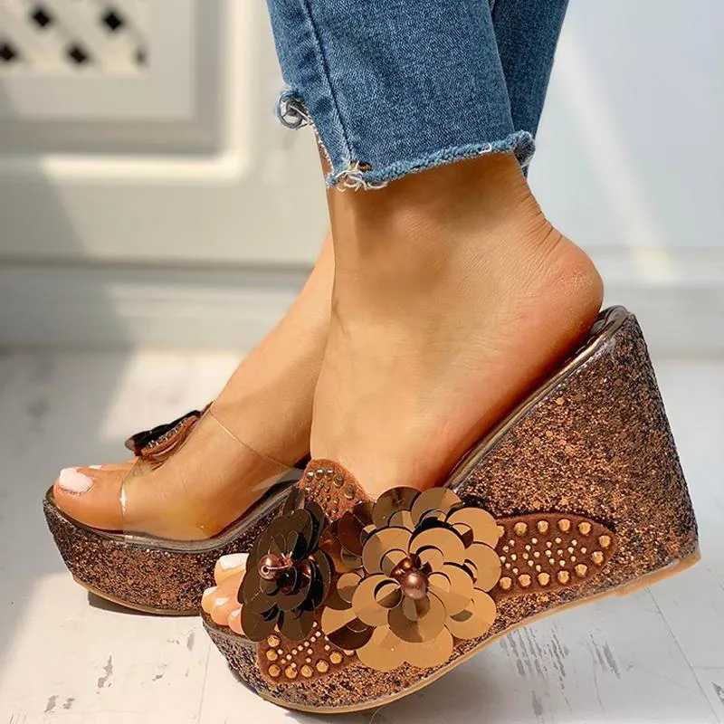 Transparent Bead Studded Platform Wedge Sandals