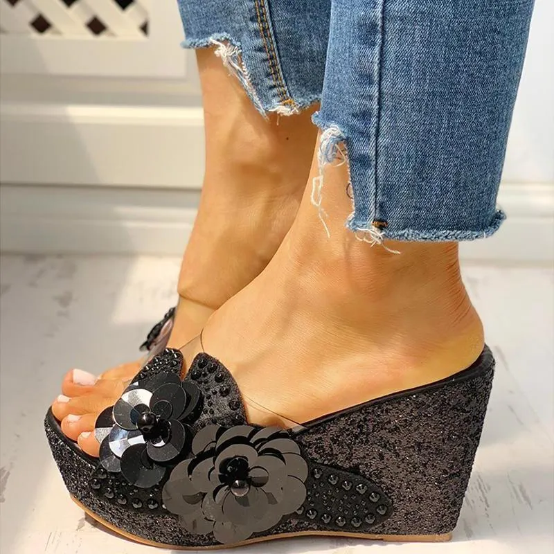 Transparent Bead Studded Platform Wedge Sandals