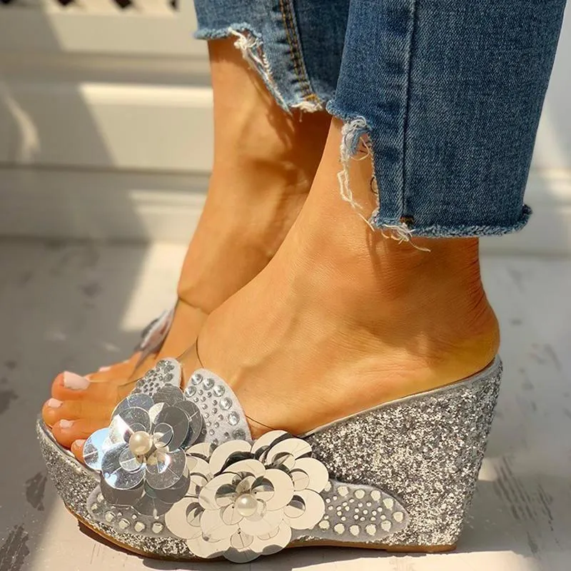 Transparent Bead Studded Platform Wedge Sandals
