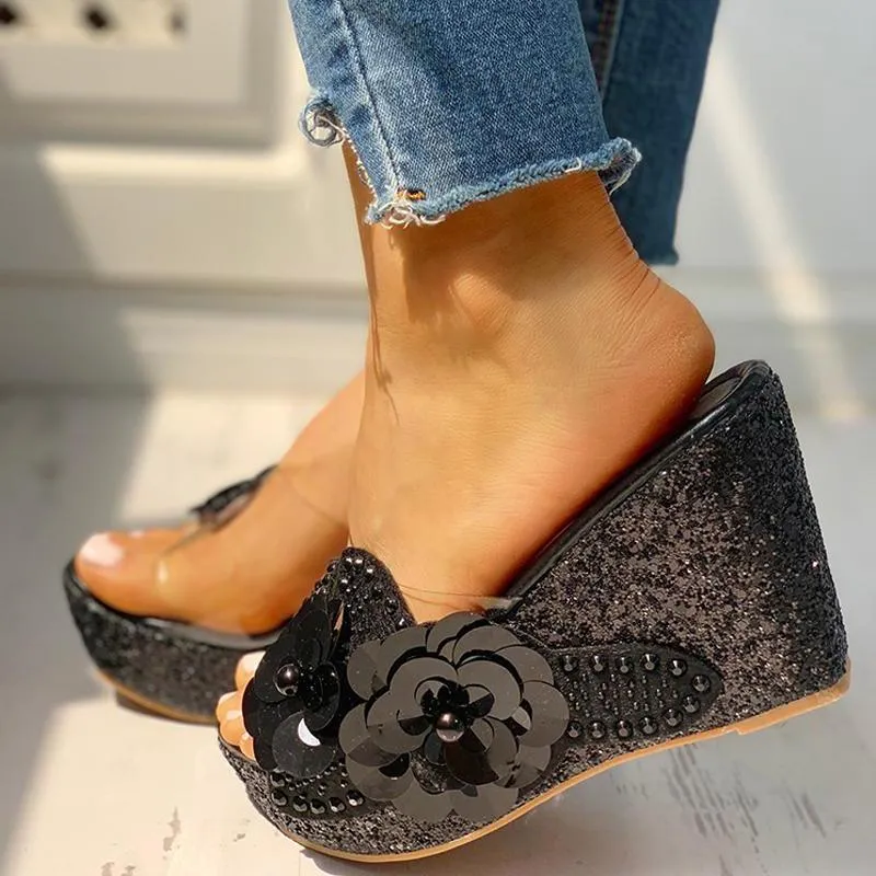 Transparent Bead Studded Platform Wedge Sandals