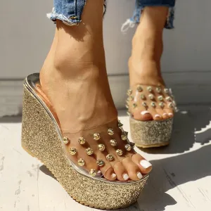 Transparent Rivet Detail Platform Wedge Sandals