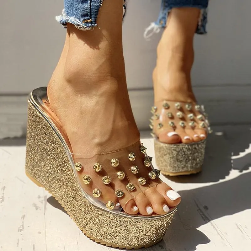 Transparent Rivet Detail Platform Wedge Sandals