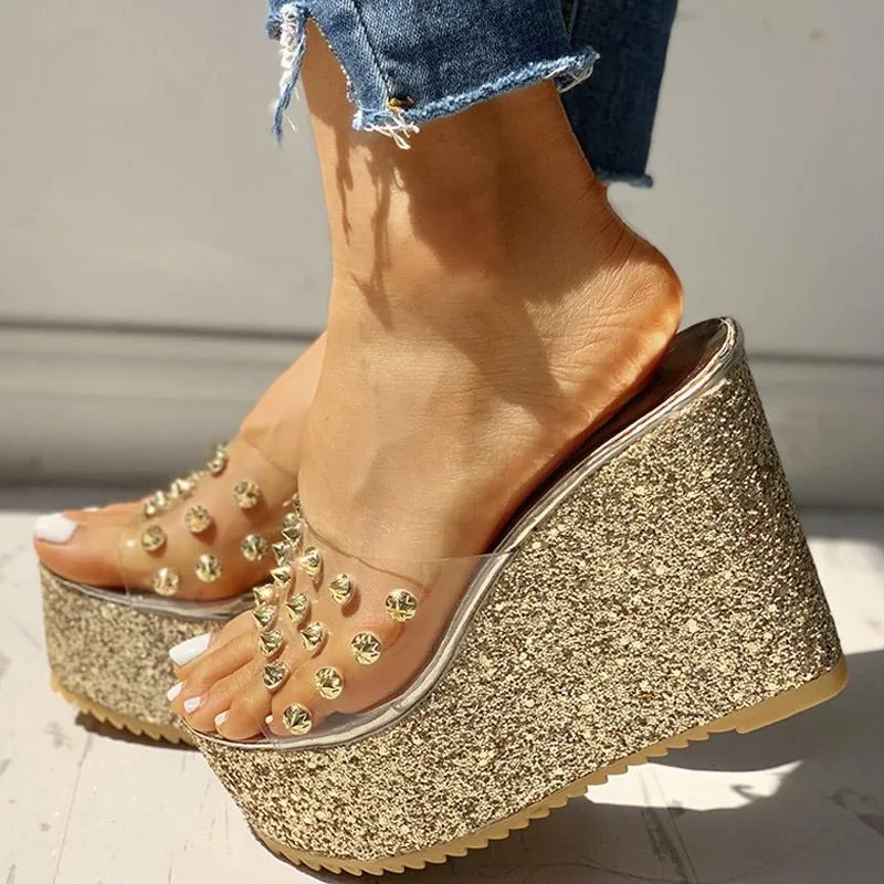 Transparent Rivet Detail Platform Wedge Sandals