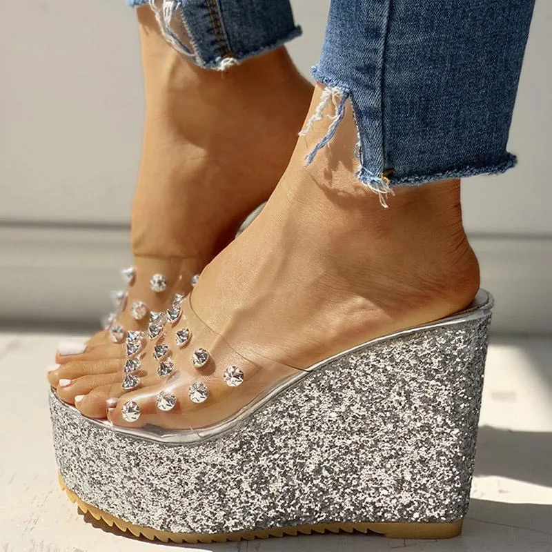 Transparent Rivet Detail Platform Wedge Sandals