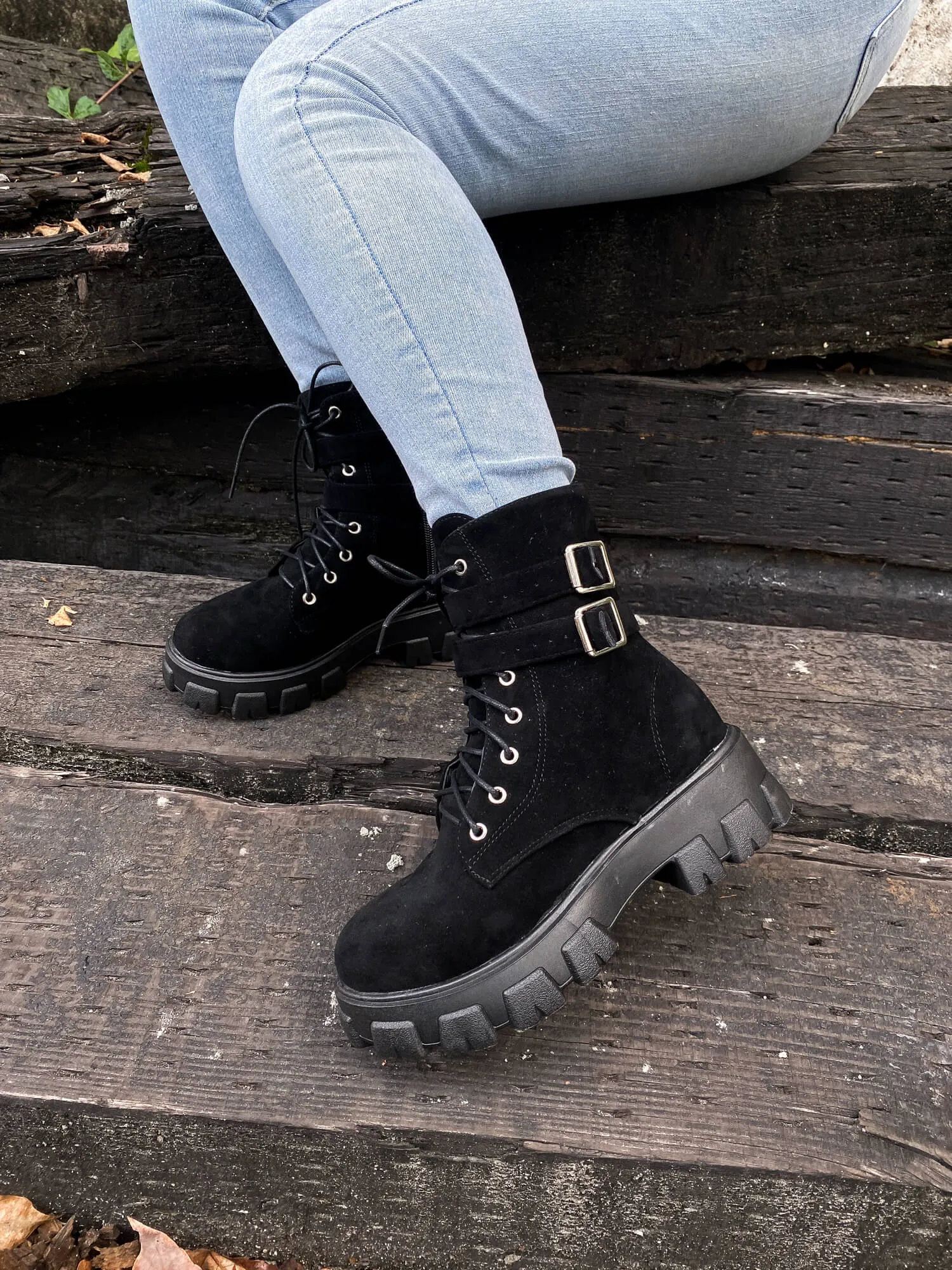 Uno Double Strap Ankle Flat Combat Boots - Black