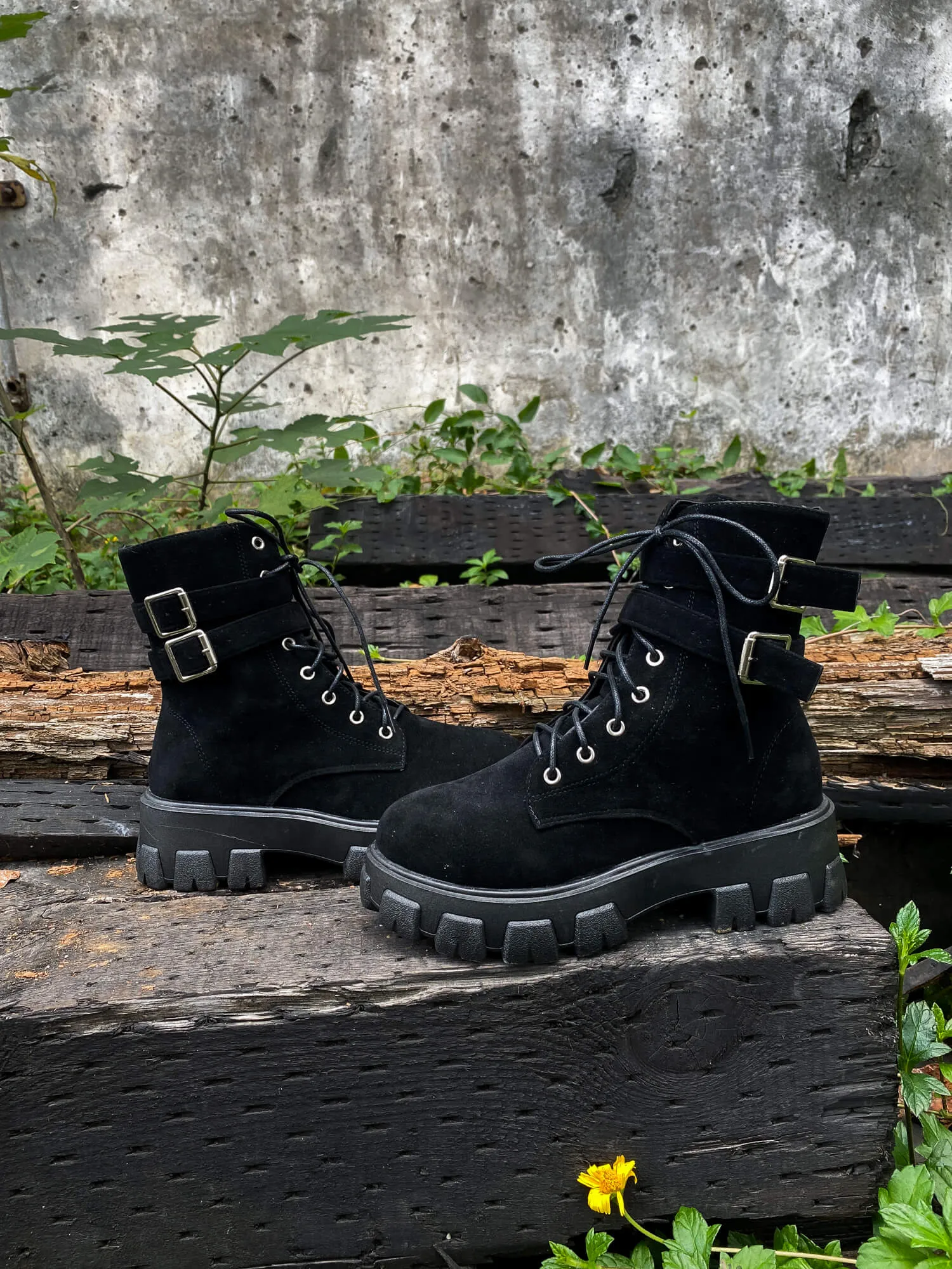 Uno Double Strap Ankle Flat Combat Boots - Black