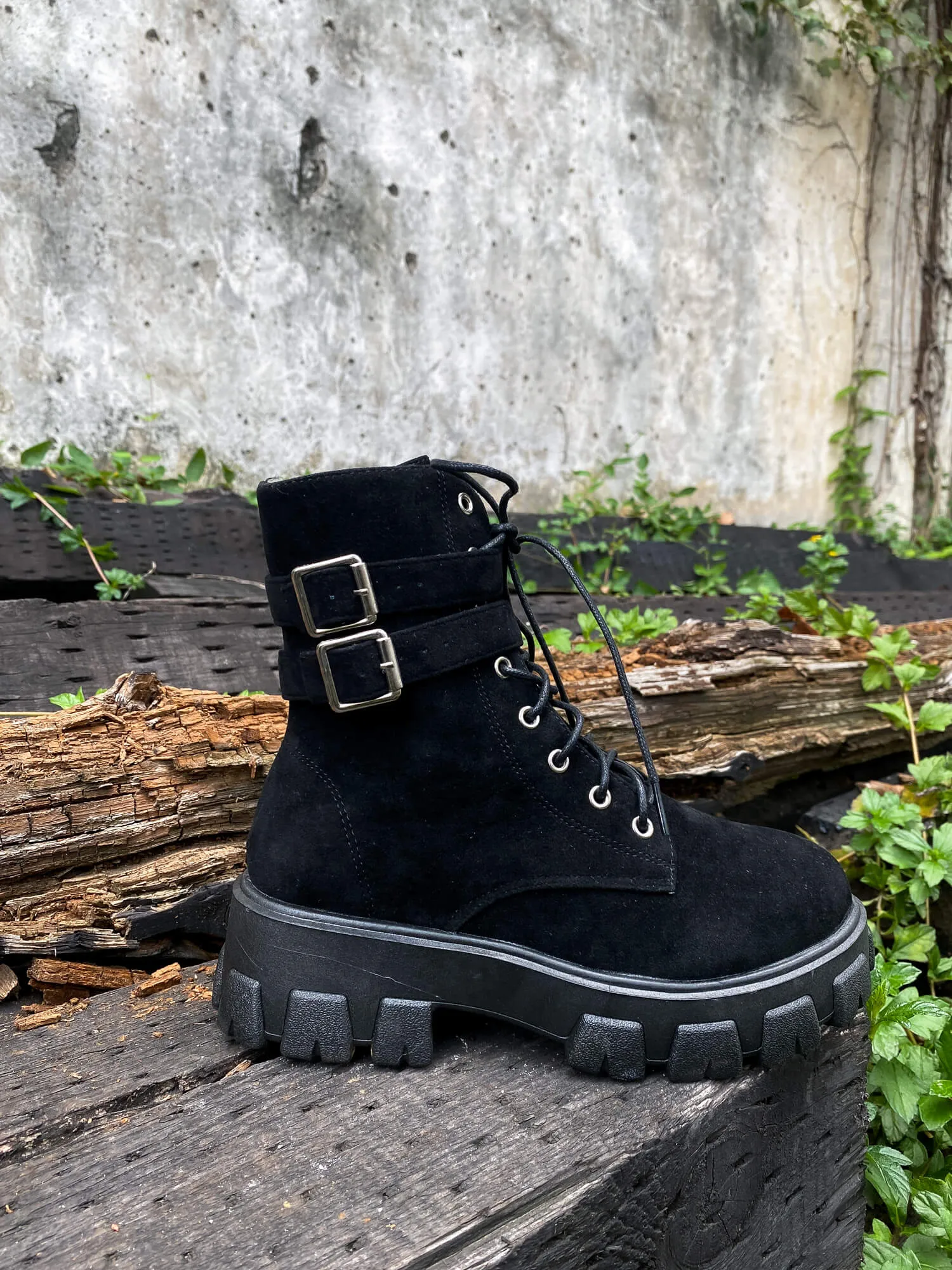 Uno Double Strap Ankle Flat Combat Boots - Black