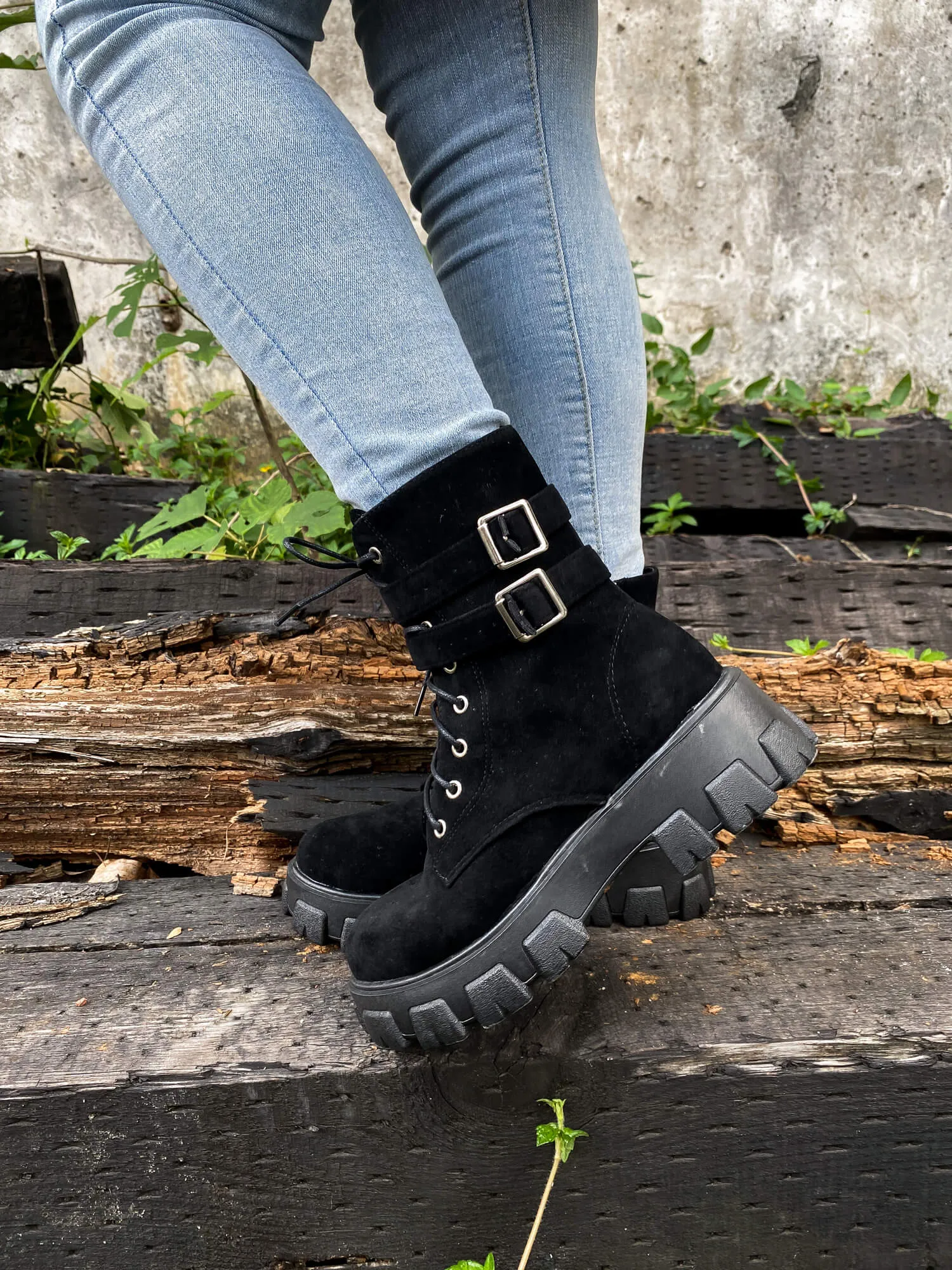 Uno Double Strap Ankle Flat Combat Boots - Black